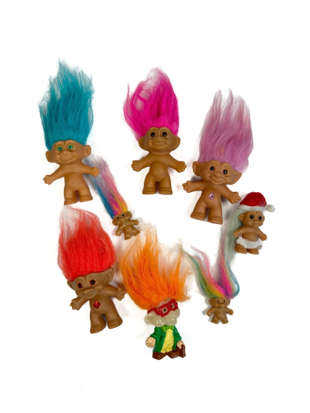 Vintage Trolls Dolls Set of 8 Collectible Blue Pink Orange Jewel Russ TT
